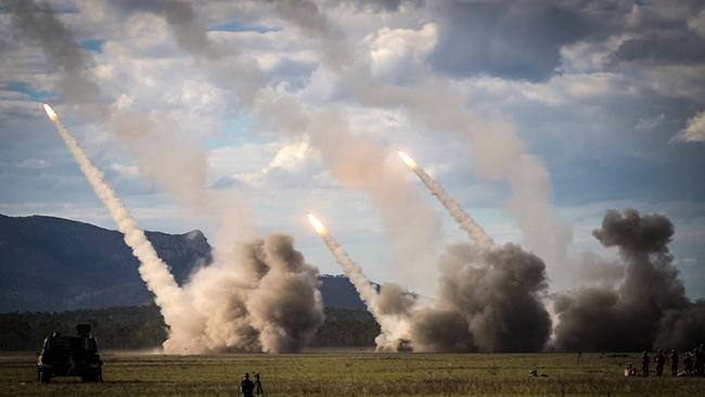 A missile is launched from a US military HIMARS system during joint military drills at a firing range in Northern Australia as part of Exercise Talisman Sabre.