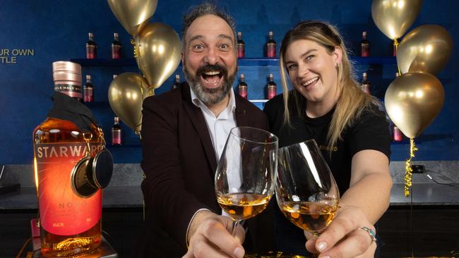 Starward founder David Vitale and Jane Dillon are raising a glass after being named the 'Most Awarded Distillery of the Year’ at San Fransisco International Spirits Awards 2024. Picture: Jason Edwards