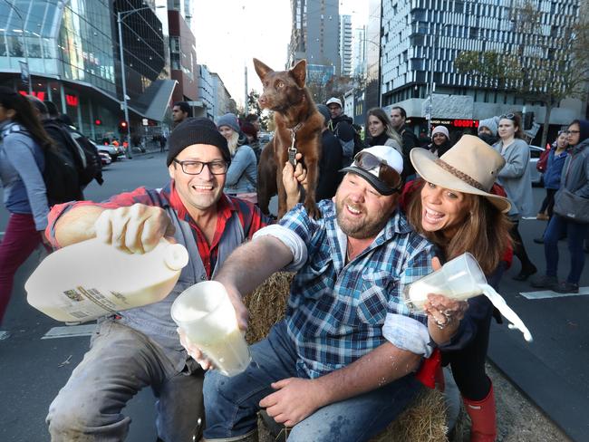 Gippsland dairy farmers Steve Ronalds, Brenton Ziero and Sallie Jones brought their fight for fair milk prices to the city earlier this year.