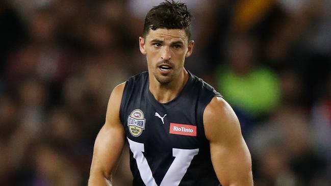 MELBOURNE, AUSTRALIA - FEBRUARY 28: Scott Pendlebury of Victoria in action during the 2020 State of Origin for Bushfire Relief match between Victoria and the All Stars at Marvel Stadium on February 28, 2020 in Melbourne, Australia. (Photo by Michael Willson/AFL Photos via Getty Images)