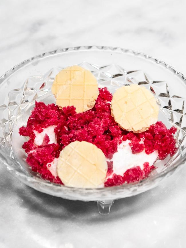 Kaymak - mastic and milk mousse with rhubarb and rosewater jam, rhubarb granita and Turkish waffle