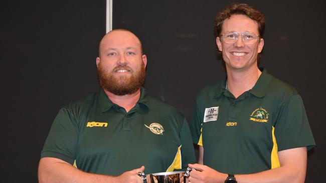 Wallington captain Matt Sampson-Barnes with Inverleigh skipper Henry Collins at the league’s presentation night. Picture: Mark Heenan Media.