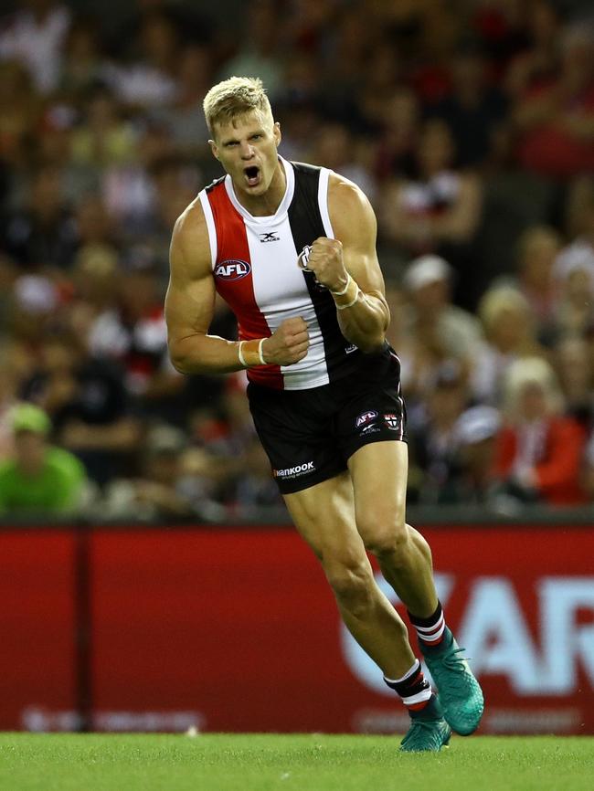 Nick Riewoldt celebrates a goal. Picture: MARK DADSWELL