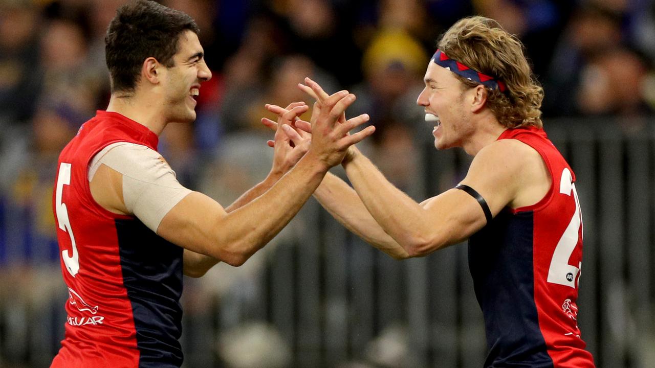 Jayden Hunt celebrates an early goal with Christian Petracca. Picture: AAP Images