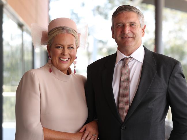 Rosehill Races Autumn fashion event on Chandon Ladies Day. Pictured is Australian Television personality Samantha Armytage and her husband Richard Lavender. Picture: David Swift