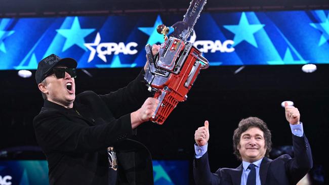 Musk wielded a chainsaw onstage at the Conservative Political Action Conference in February. Picture: AFP
