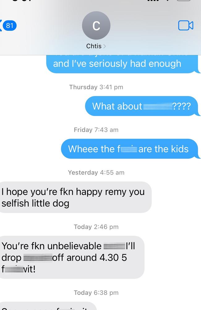 Abusive text messages sent by the ex-partner of Remy Hobba Picture: Supplied