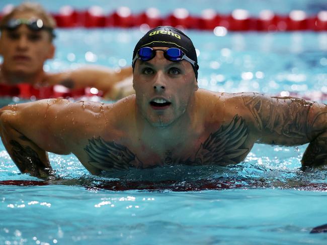 MELBOURNE - June 18, 2023  : SWIMMING. World Championship swimming trials at Melbourne Sports and Aquatic Centre.  Kyle Chalmers and Cody Simpson after the final of the menÃs 100 mtr butterfly final  . Photo by Michael Klein.