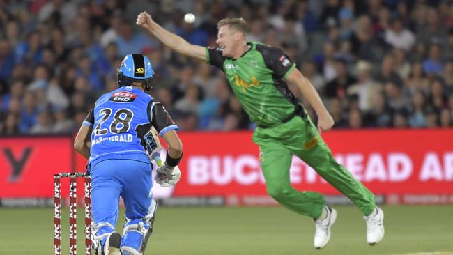 Adelaide Strikers' batsman Jake Weatherald hits one past Melbourne's James Faulkner during the Big Bash League clash at Adelaide Oval. Picture: AAP Image/Roy Vandervegt