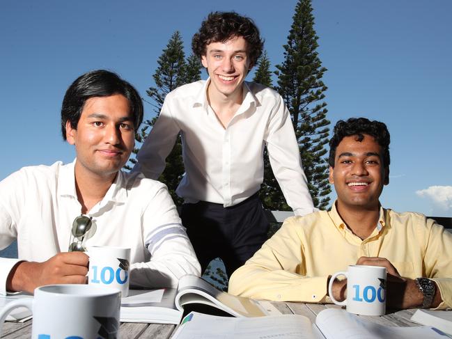 Rion Ahl, Andrew Kroger, and  Vishaak Gangasandra are all members of 100Coach team. Its a group of former Queensland high school students who scored the highest in the state and want to give back to their community by providing affordable, accomplished tuition to students across Queensland, a vision designed to reduce educational inequality. Picture Glenn Hampson