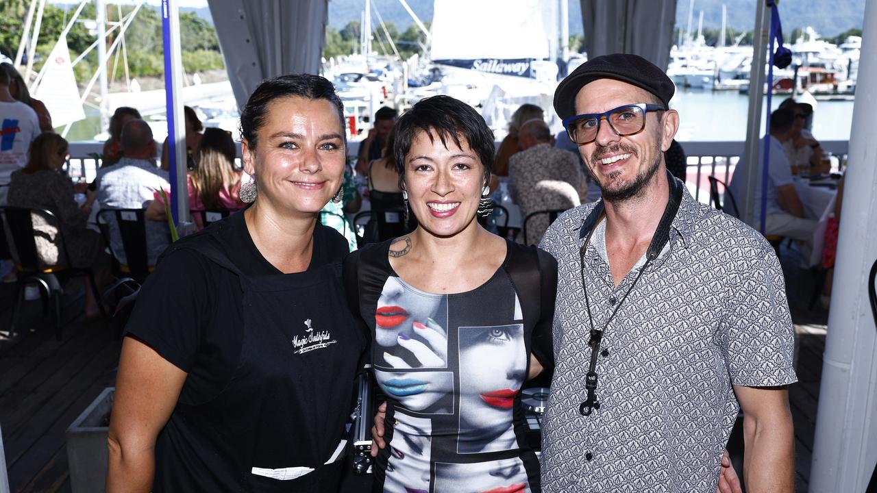 Anne-Sophie Anneso, DJ Lee and Matt Gee at the Longest Lunch at Hemmingways Brewery at the Crystalbrook Marina, Port Douglas. Picture: Brendan Radke