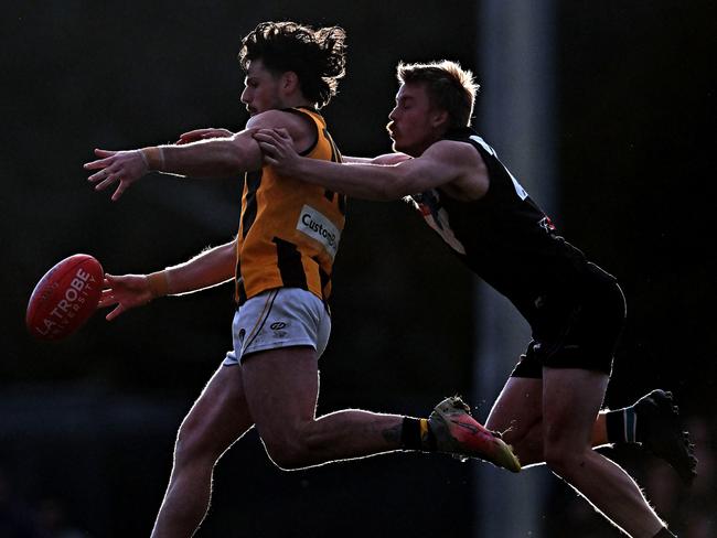 Lower PlentyÃs Corey Sleep and St MaryÃs Huon Macgibbon during the NFL football match between Lower Plenty and St MaryÃs in Montmorency, Saturday, June 4, 2022. Picture: Andy Brownbill