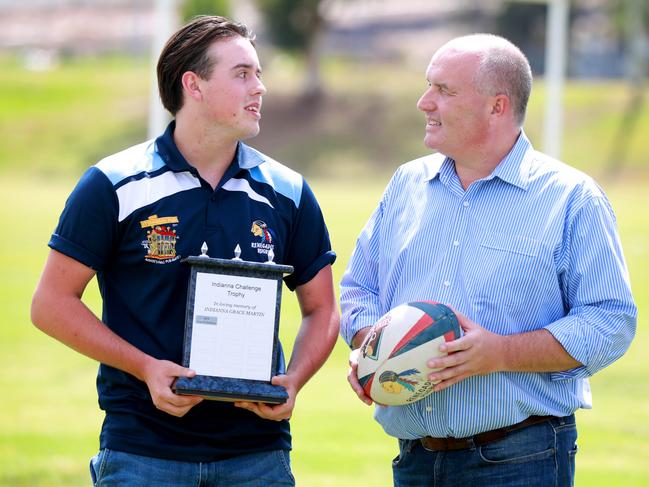 Player Harry Purcall with state Liberal Member for Baulkham Hills at the launch of the 2019 Indianna Challenge Trophy. Picture: Angelo Velardo