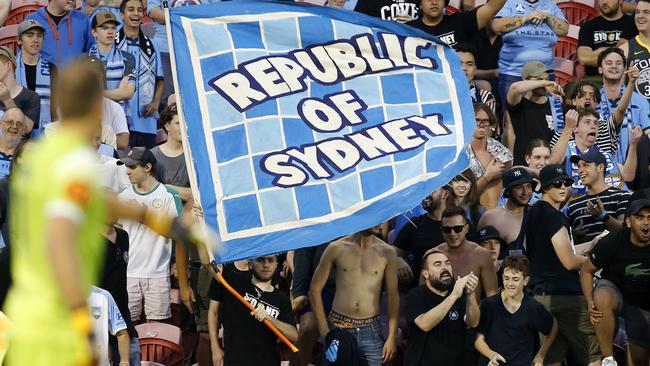 Sydney FC supporters during the Round 14 A-League match between the Newcastle Jets and Sydney FC at McDonald Jones Stadium in Newcastle.