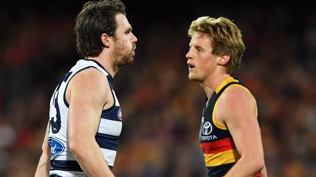 Patrick Dangerfield and Rory Sloane went head-to-head. Picture: Getty Images