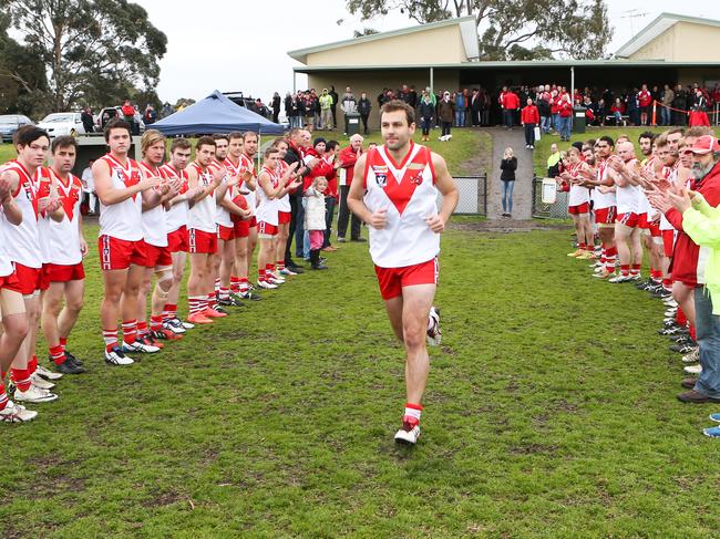 Luke Van Raay runs out for his 250th game in 2015. Picture: David Trend.