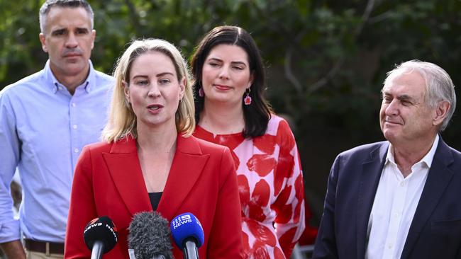 Labor's Claire Clutterham, new member for Sturt  with SA Premier, Minister Don Farrell and Senator Marielle Smith at FIX Specialty Coffee cafe at College Park .Sunday,May,4,2025.Picture Mark Brake