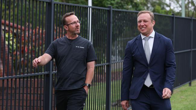 Emergency doctor Eric Richman, Labor’s candidate for the Brisbane LNP seat of Moggill, and Premier Steven Miles at Kenmore Ambulance Station on Wednesday. Picture: Adam Head