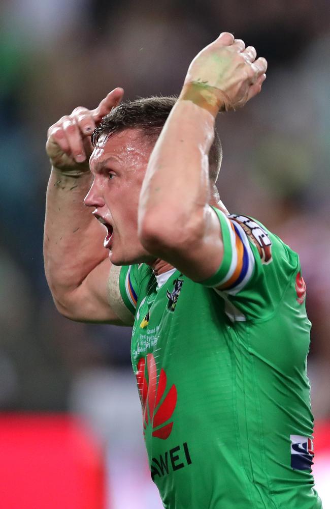 Jack Wighton of the Raiders celebrates scoring a try. Picture: Mark Metcalfe/Getty Images