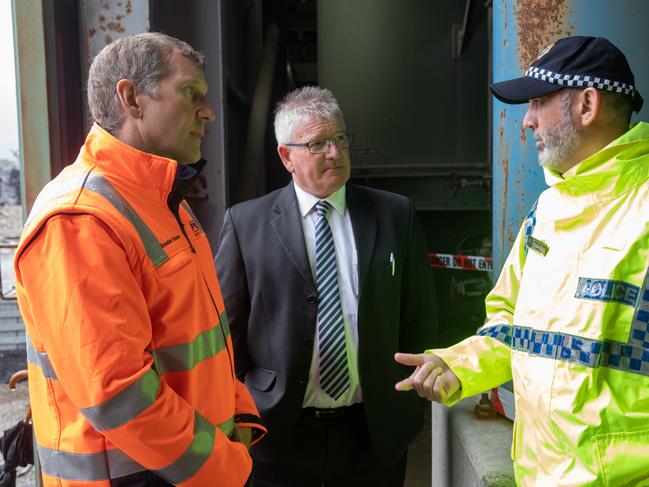 Henty mine accident. 23/1/20: Pybar Mining Services CEO Brendan Rouse (centre), West Coast Mayor Phil Vickers and Inspector Shane le Fevre addresses the media about progress in the rescue attempt for a missing miner. Picture: GRANT WELLS