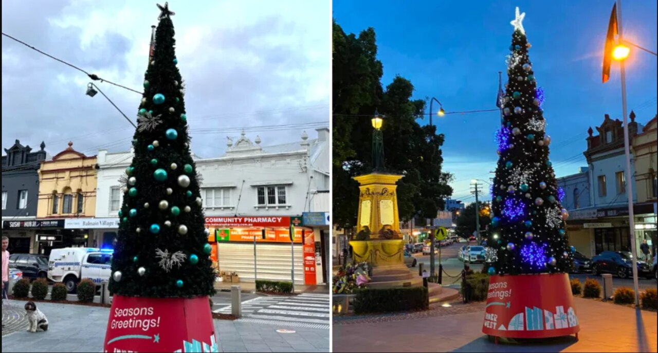 The ‘sad’ Christmas tree this year (left) compared with happier times in 2022 (right). Picture: 7 News