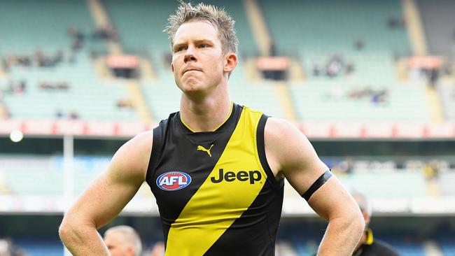 Jack Riewoldt of the Tigers looks dejected after losing in Round 8.