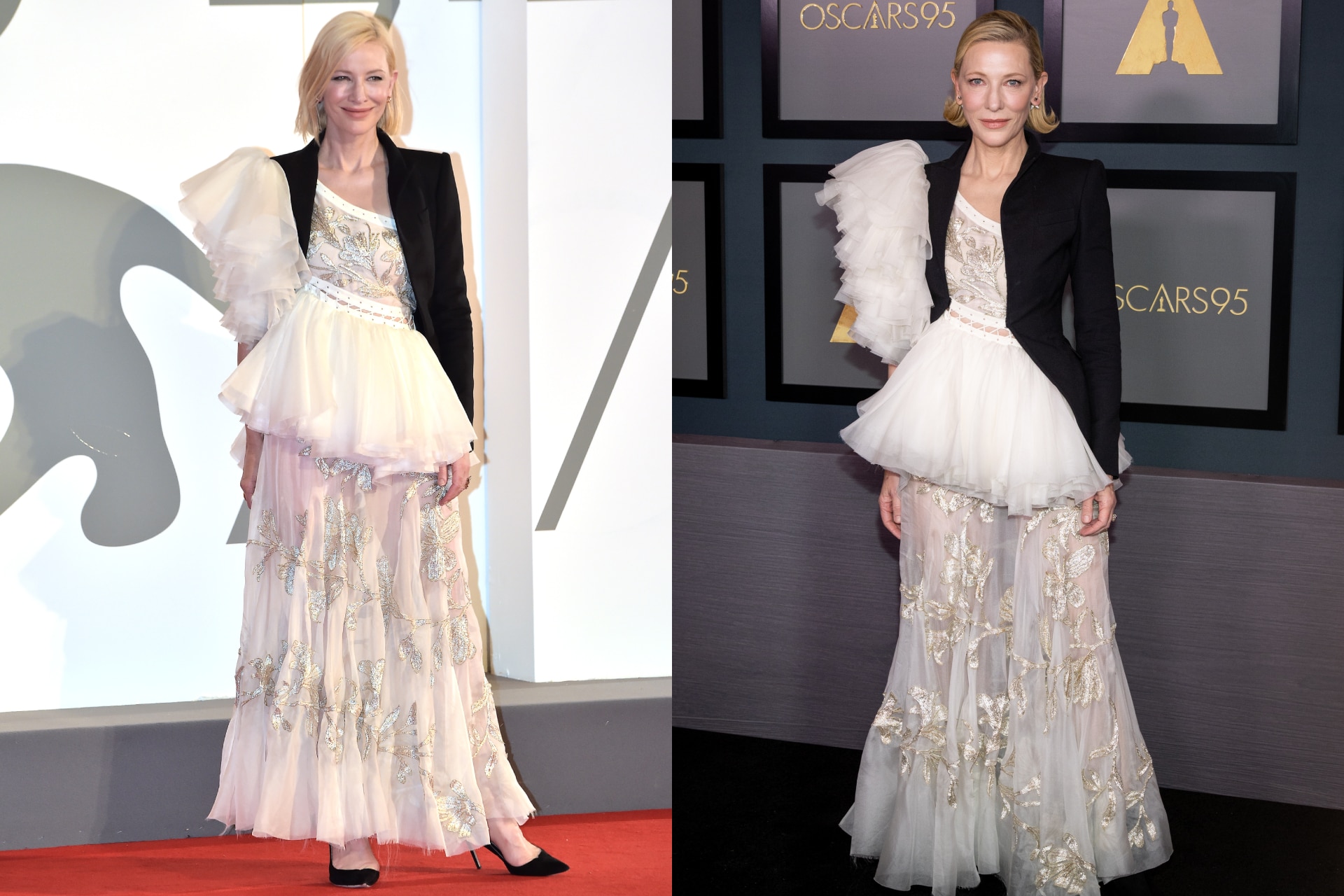 <p><b>Alexander McQueen at the 2020 Venice Film Festival and the 2022 Governors Awards</b></p><p>This layered, tulle gown with gold appliqu&eacute;, asymmetric sleeve and combined black blazer has graced the red carpet on Blanchett twice in the space of two years, proving that even the boldest look can be reworn.</p>