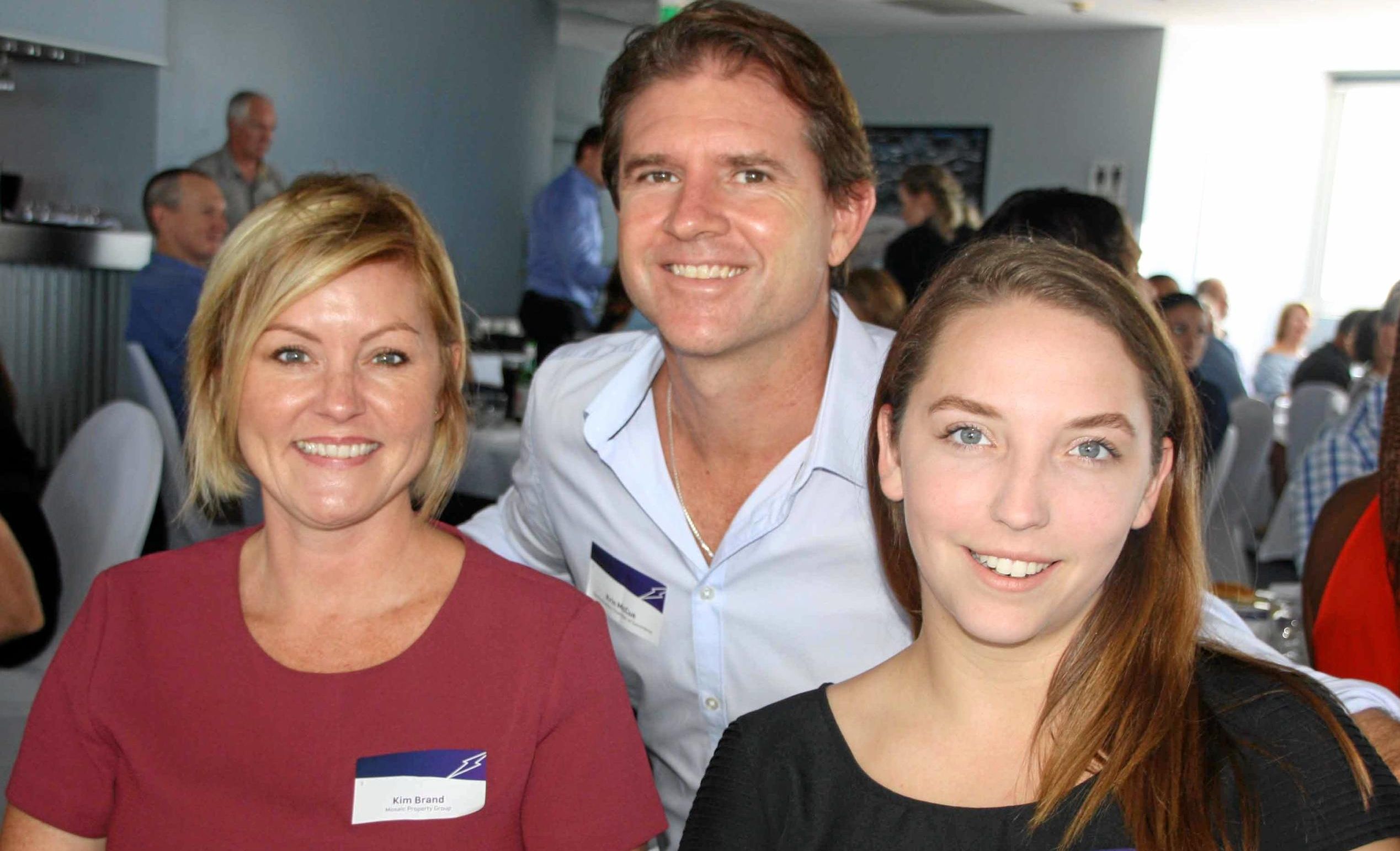 ?Kris McCue with Mosaic Property's Kim Brand and Leah Ellis at the Sunshine Coast Lightning lunch at Maroochy Surf Club hosted by Maroochydore Chamber of Commerce. Picture: Erle Levey