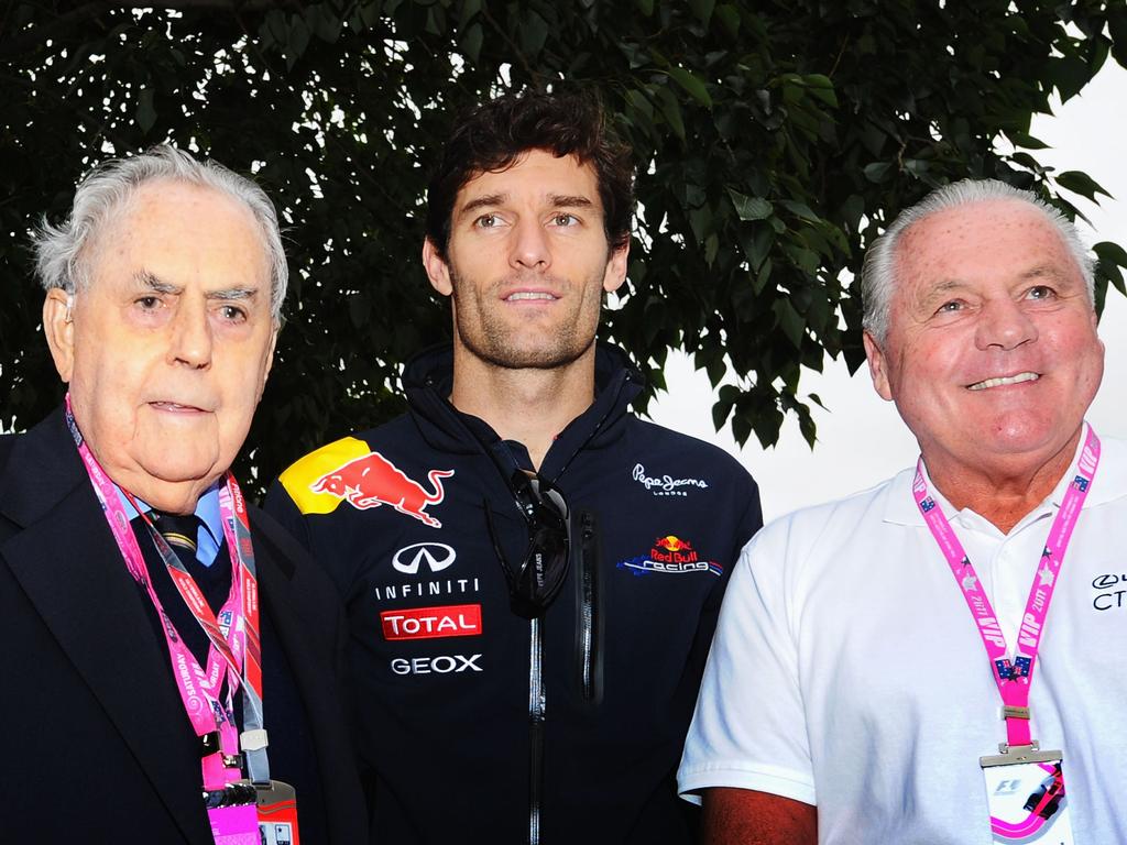 Sir Jack Brabham (L), Alan Jones (R) and Mark Webber (C); three of Australia’s five F1 Grand Prix winners. Picture: Clive Mason/Getty Images