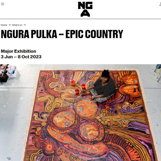 the NGA Website featuring artist Nyunmiti Burton promoting the exhibition Ngura Pulka.