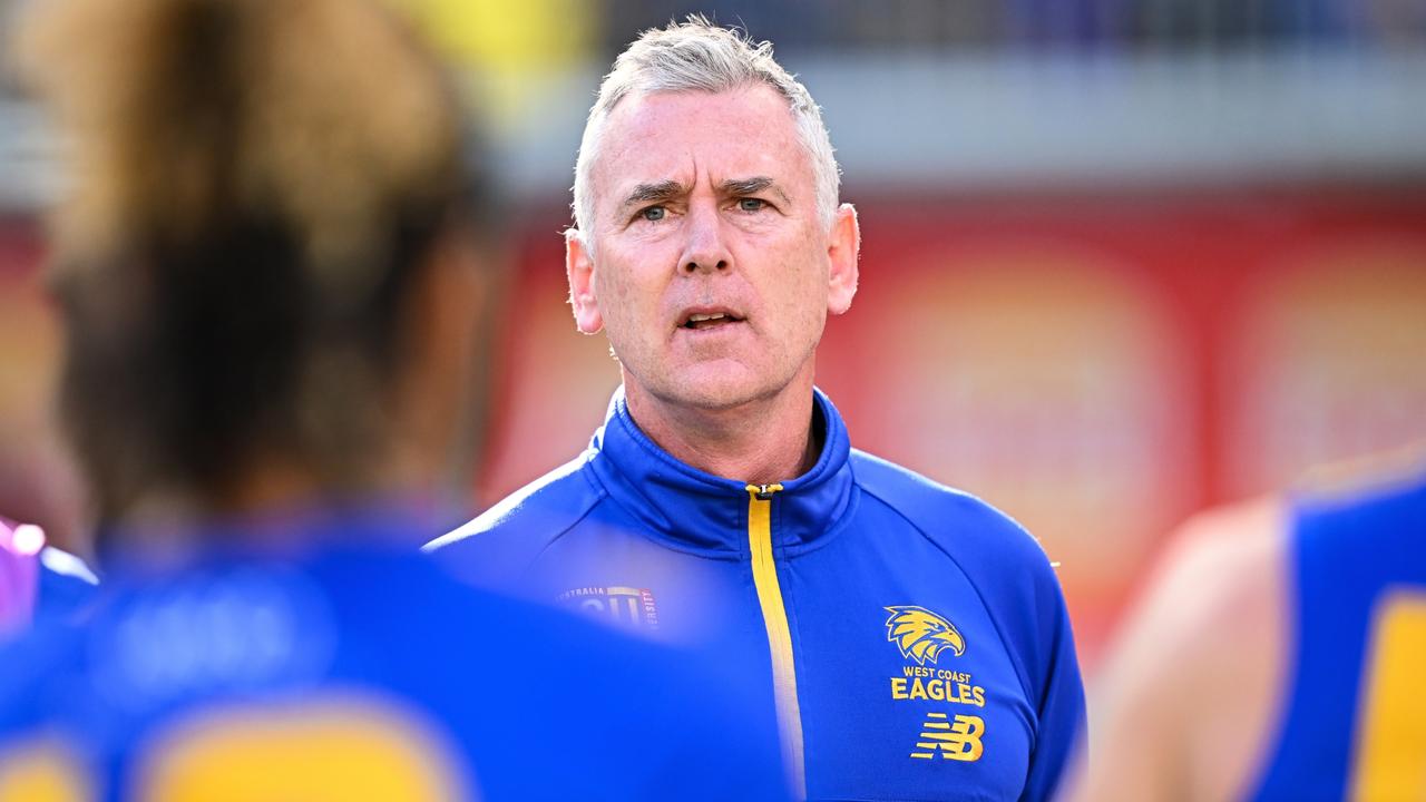 PERTH, AUSTRALIA - JULY 16: Adam Simpson, Senior Coach of the Eagles addresses the team at the break during the 2023 AFL Round 18 match between the West Coast Eagles and the Richmond Tigers at Optus Stadium on July 16, 2023 in Perth, Australia. (Photo by Daniel Carson/AFL Photos via Getty Images)