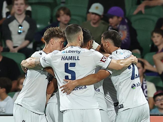 PERTH, AUSTRALIA - FEBRUARY 01: The Victory celebrates after scoring a goal during the round 17 A-League Men match between Perth Glory and Melbourne Victory at HBF Park, on February 01, 2025, in Perth, Australia. (Photo by Will Russell/Getty Images)