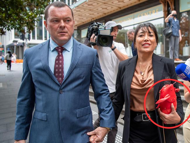 Analisa Corr seen with a Shore Thing Lobster Crossbody handbag worth about $670 as she leaves Downing Centre Local Court. Picture: NewsWire / Simon Bullard