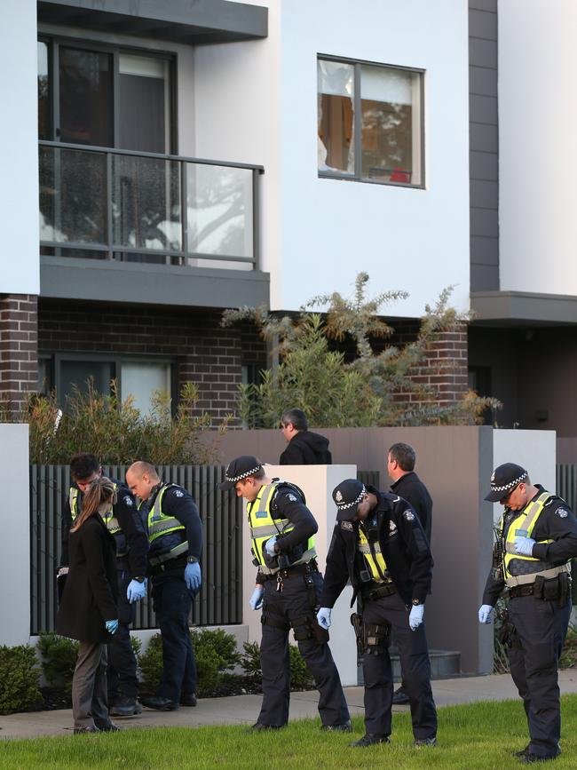 Police at Stephen Dank’s home in Ascot Vale in 2016, after it was shot at by members of the Comanchero outlaw bikie gang. Picture: David Crosling