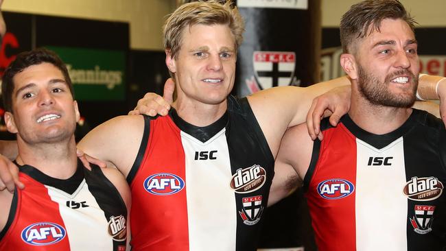 Sam Fisher, right, with Leigh Montagna and Nick Riewoldt during their playing days. Picture: Getty Images