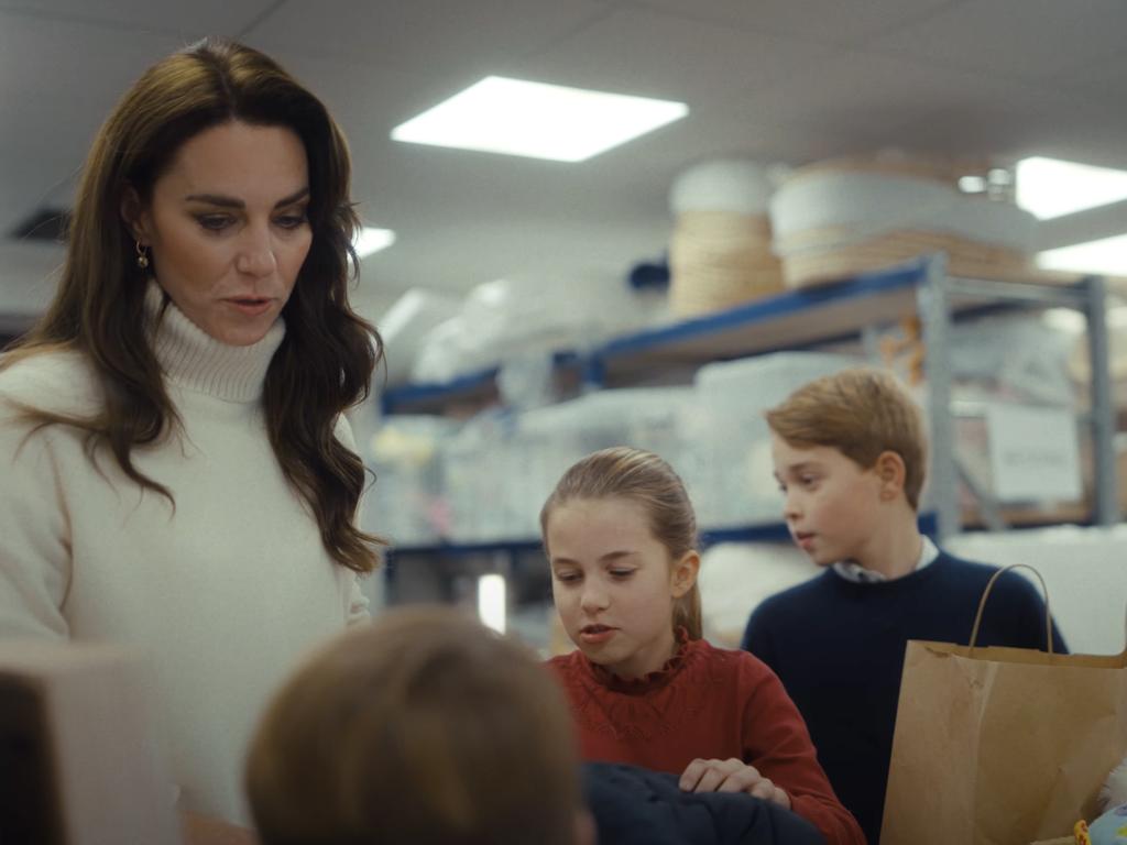 The Princess of Wales launched a Christmas Baby Banks initiative with her children Prince George, Princess Charlotte and Prince Louis in Maidenhead. Picture: Kensington Palace/YouTube