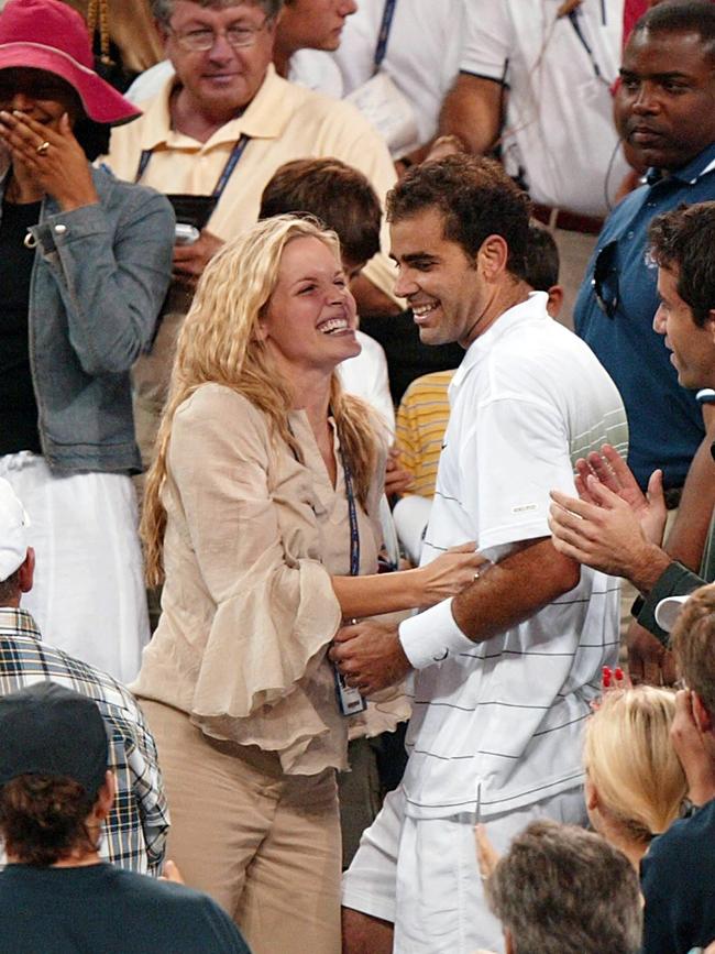 Tennis player Pete Sampras with wife Bridgette Wilson after winning US Open mens singles final match.