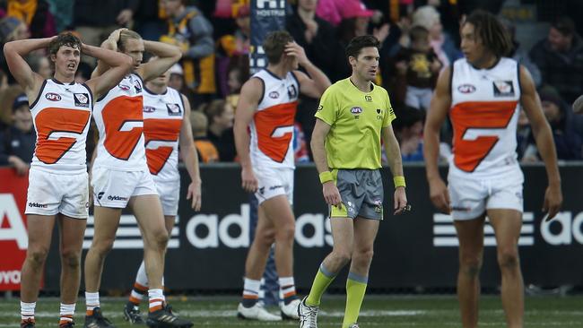 GWS players are in disbelief after playing out another draw. Picture: Getty Images