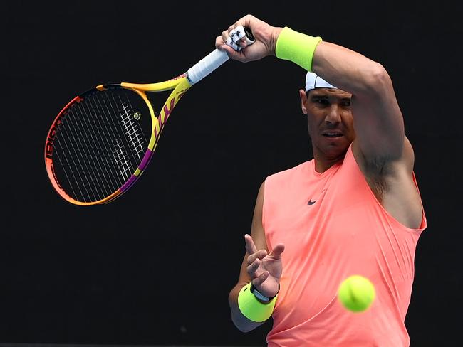 Rafael Nadal plays a forehand during a practice session ahead of the 2023 Australian Open. (Photo by Quinn Rooney/Getty Images)