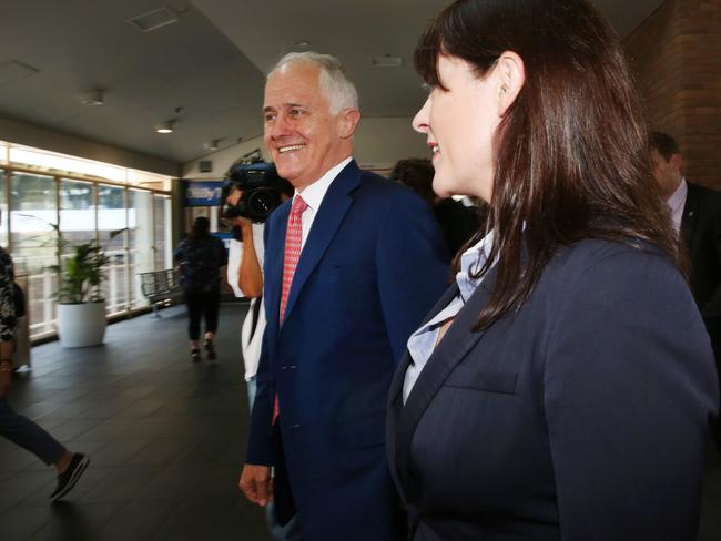 Prime Minister Malcolm Turnbull arriving at Gosford Station today on the train from Sydney. Turnbull is greeted by local member Lucy Wicks on Wednesday 29th November 2017. Pic: Sue Graham/AAP Image