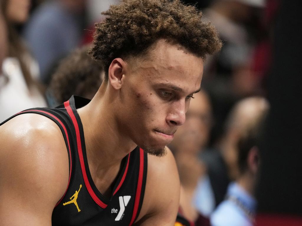 Dyson Daniels (5) reacts to an Atlanta Hawks’ loss during the NBA play-in tournament. Picture: AP Photo/Brynn Anderson