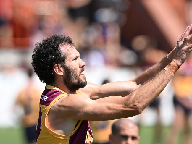 Darcy Fort takes a mark during a Brisbane Lions AFL training session at Brighton Homes Arena on September 24, 2024 in Ipswich, Australia. (Photo by Bradley Kanaris/Getty Images)