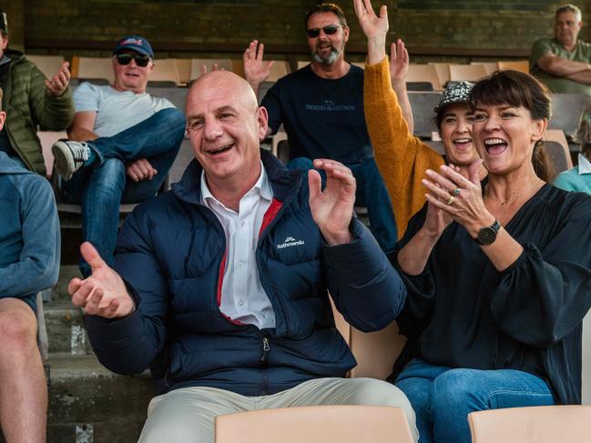 Peter Gutwein and wife Amanda cheer on their son Finn playing for North Launceston. Picture: CHRIS CRERAR