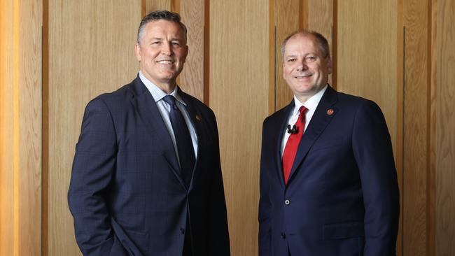 Incoming Westpac chief executive Anthony Miller with outgoing boss Peter King. Picture: John Feder