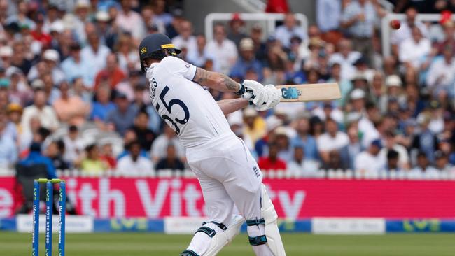 England's captain Ben Stokes hits a six off the bowling of Josh Hazlewood. Picture: AFP