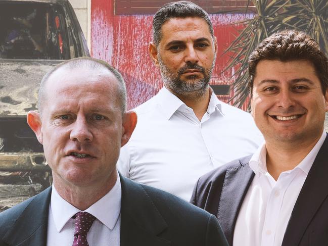 Sydney mayors Darcy Byrne, left, Ned Mannoun, centre, and Will Nemesh have announced the launch of a mayoral roundtable to respond to fraying social cohesion and recent anti-Semitic attacks, a scene of which is superimposed behind the three. Graphic: Frank Ling