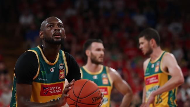 PERTH, AUSTRALIA – MARCH 08: Milton Doyle of the JackJumpers shoots a free throw during game one of the NBL semi-final series between Perth Wildcats and Tasmania JackJumpers at RAC Arena, on March 08, 2024, in Perth, Australia. (Photo by Will Russell/Getty Images)