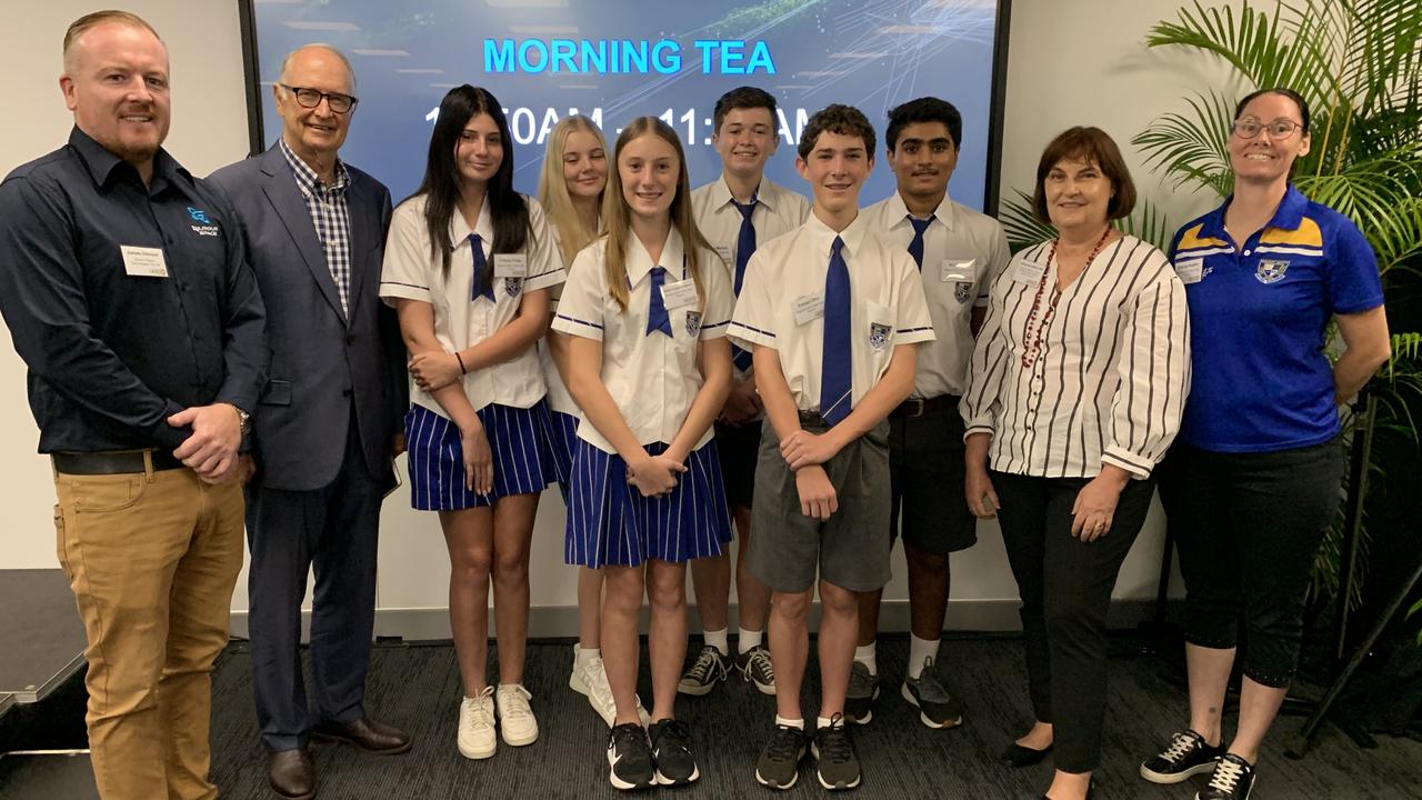 (From left to right) Gilmour Space co-founder James Gilmour, Professor Ross Garnaut AC, Tiffany Potts, Lilly Langtree, Amity Chase-Hodgson, Jacob Meikle, Tristan Dhu, Arya Patel, Mackay MP Julieanne Gilmore and Mackay North State High School teacher Stacey Austin at the Resources Centre of Excellence's LeadIn 2022 conference. Picture: Duncan Evans