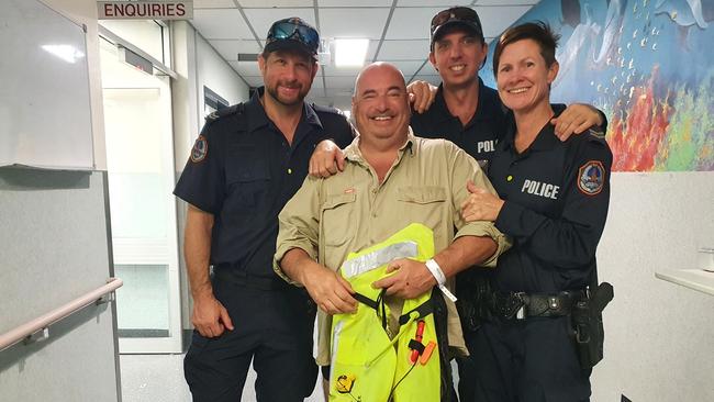 Senior Constable Ben Parfitt, Nigel Fox, Constable Mark Carrington and Senior Constable Kelly Logan at Gove District Hospital. Picture: NT Police