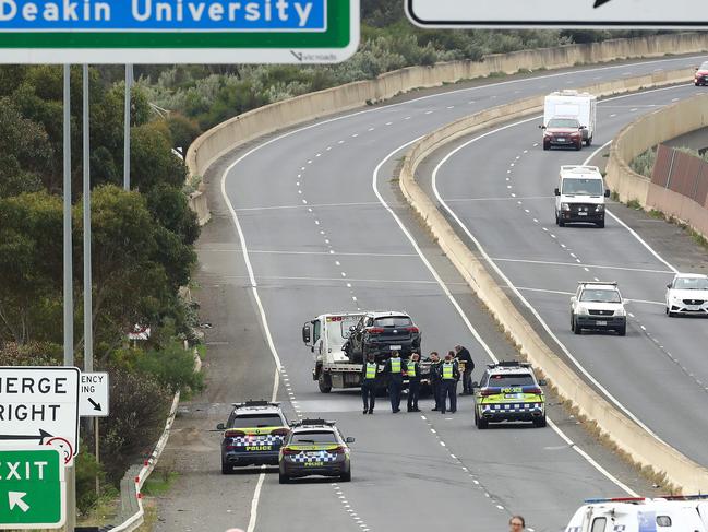 The Melbourne bound lanes of the Ring Road were closed after an accident. Picture: Alison Wynd